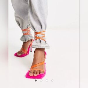 Public Desire fluffy sole square toe heeled sandals in Pink